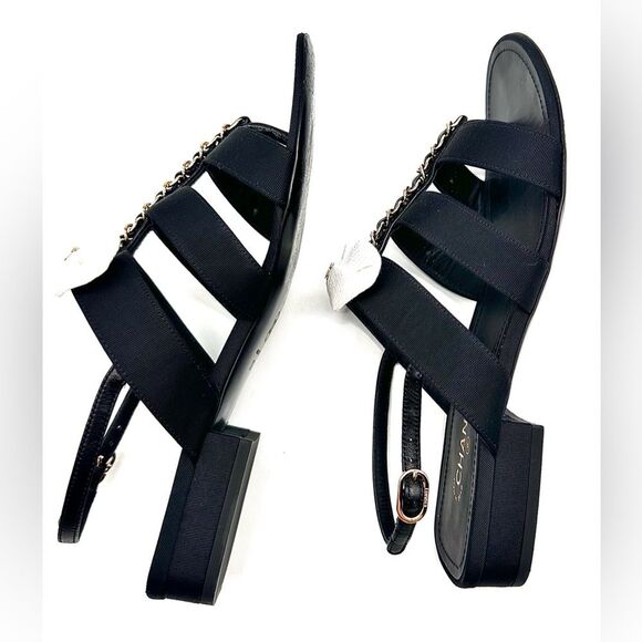 Chanel Interlocking CC Logo Grosgrain Chain Bow Black Sandals EU 37.5 US 6.5-7 - Picture 7 of 13